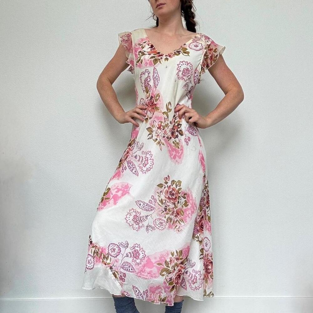Euro vintage floral print beaded midi dress